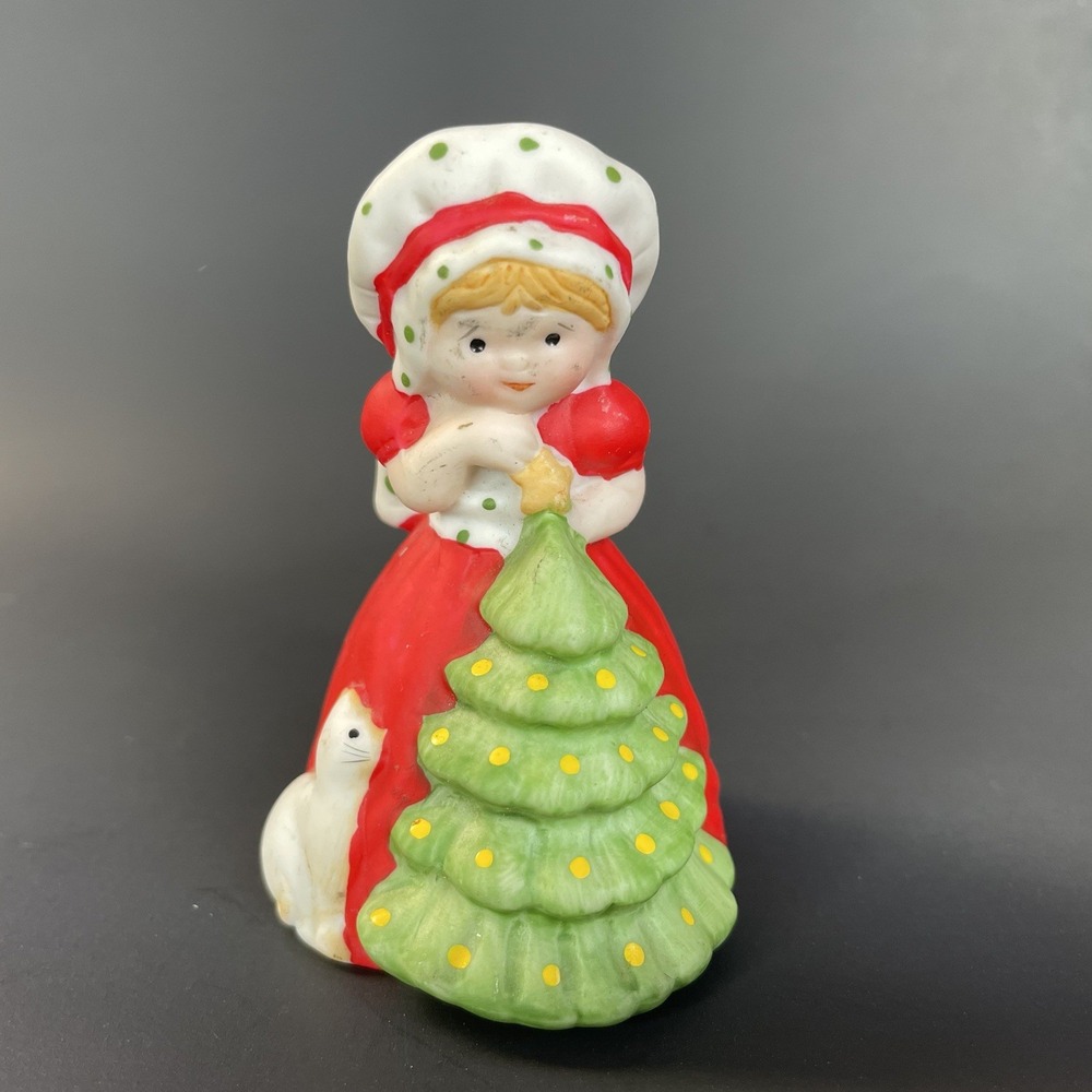 Vintage Enesco Mrs Claus Ceramic Bell Cat Christmas Tree Star Holiday 3"